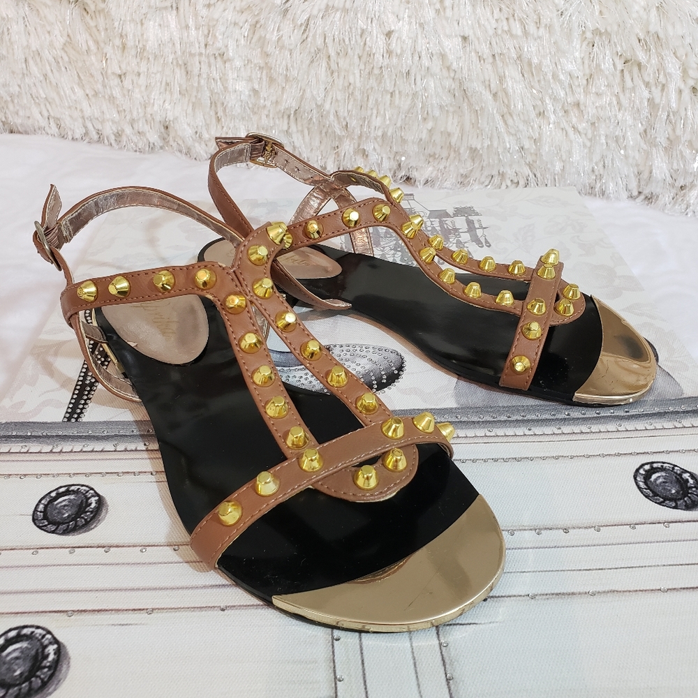 Paprika Studded Gold Flat Strap Sandal